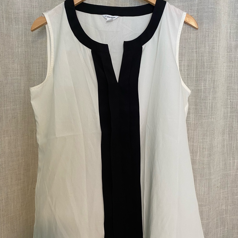 Calvin Klein Sleeveless White and Cream Asymmetrical Blouse